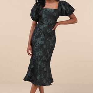 Majorly Fabulous Black and Emerald Trumpet Midi Dress